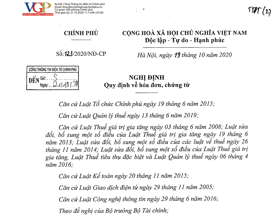 Nghị định 123/2020/NĐ-CP quy định về hóa đơn, chứng từ